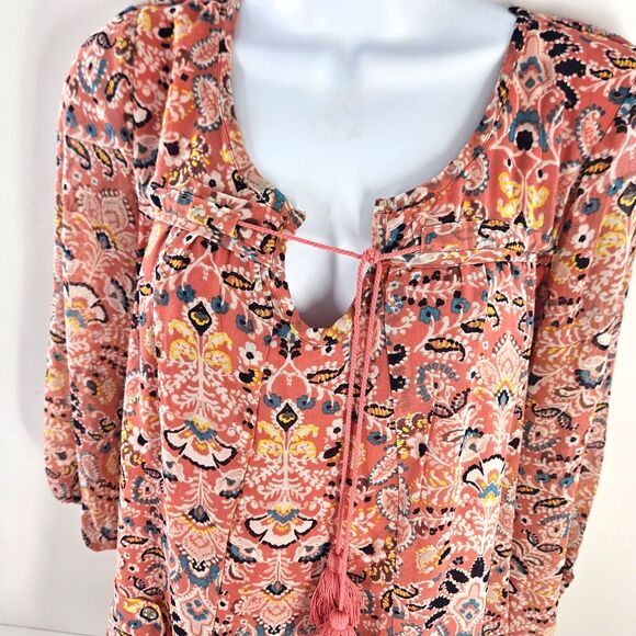 AS U Wish Sz L Peasant Tunic Dress Peach Navy POCKETS Hippie Boho Festival 3/4sl - Picture 5 of 16
